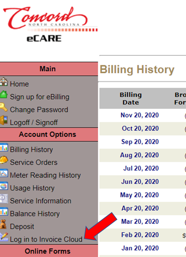 eCare left menu with with arrow pointing to Invoice Cloud link
